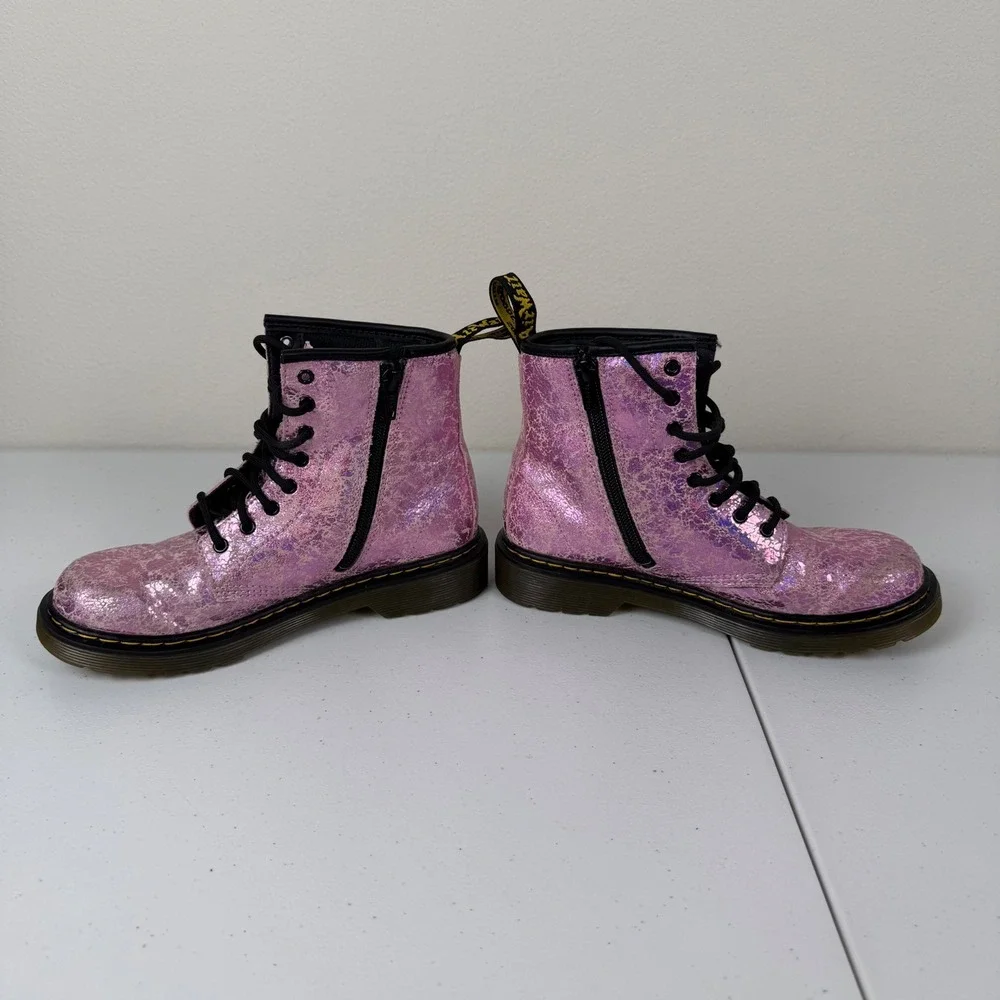 RARE Dr. Martens Boots Pink Shimmer Crackle Leather Lace Up Side Zip Size 3 Kids